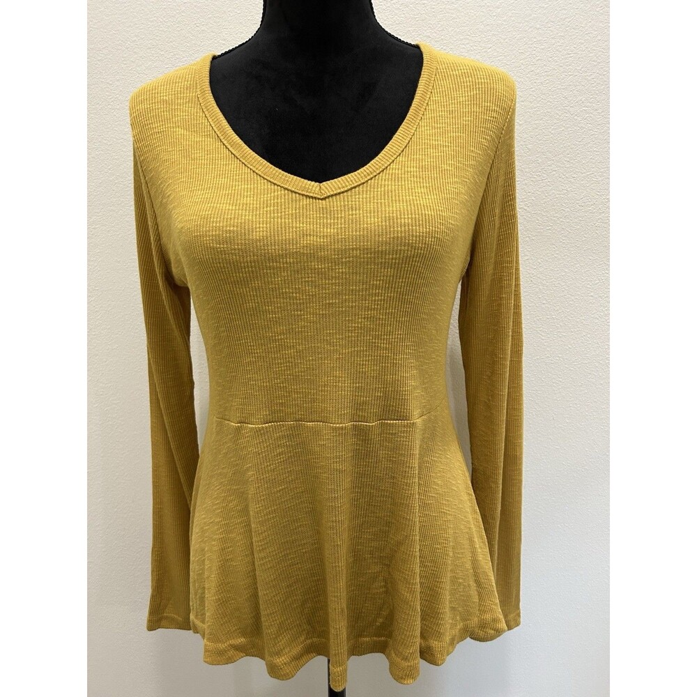 Wrangler  Womens S Top Yellow Solid Knit V-Neck Long Sleeve Pullover Peplum